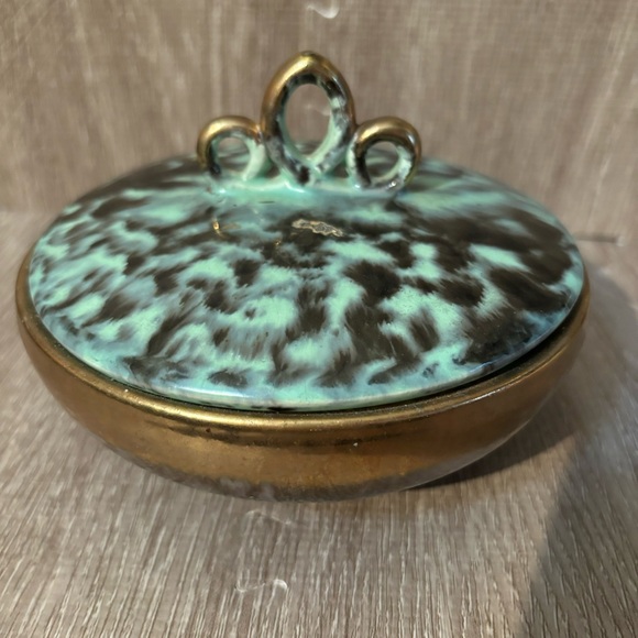 RARE MCM Fohr-Keramik Candy Trinket Dish W/lid Germany 320 Gold Green Lava Glaze - Picture 1 of 9